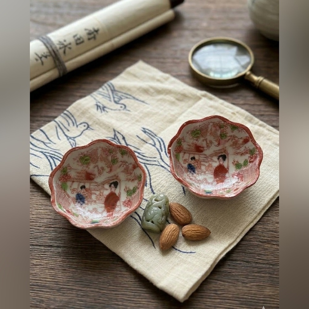 Vintage Japanese Kutani Geisha Hand-Painted Nut Dishes - (Circa 1950s-1960s)